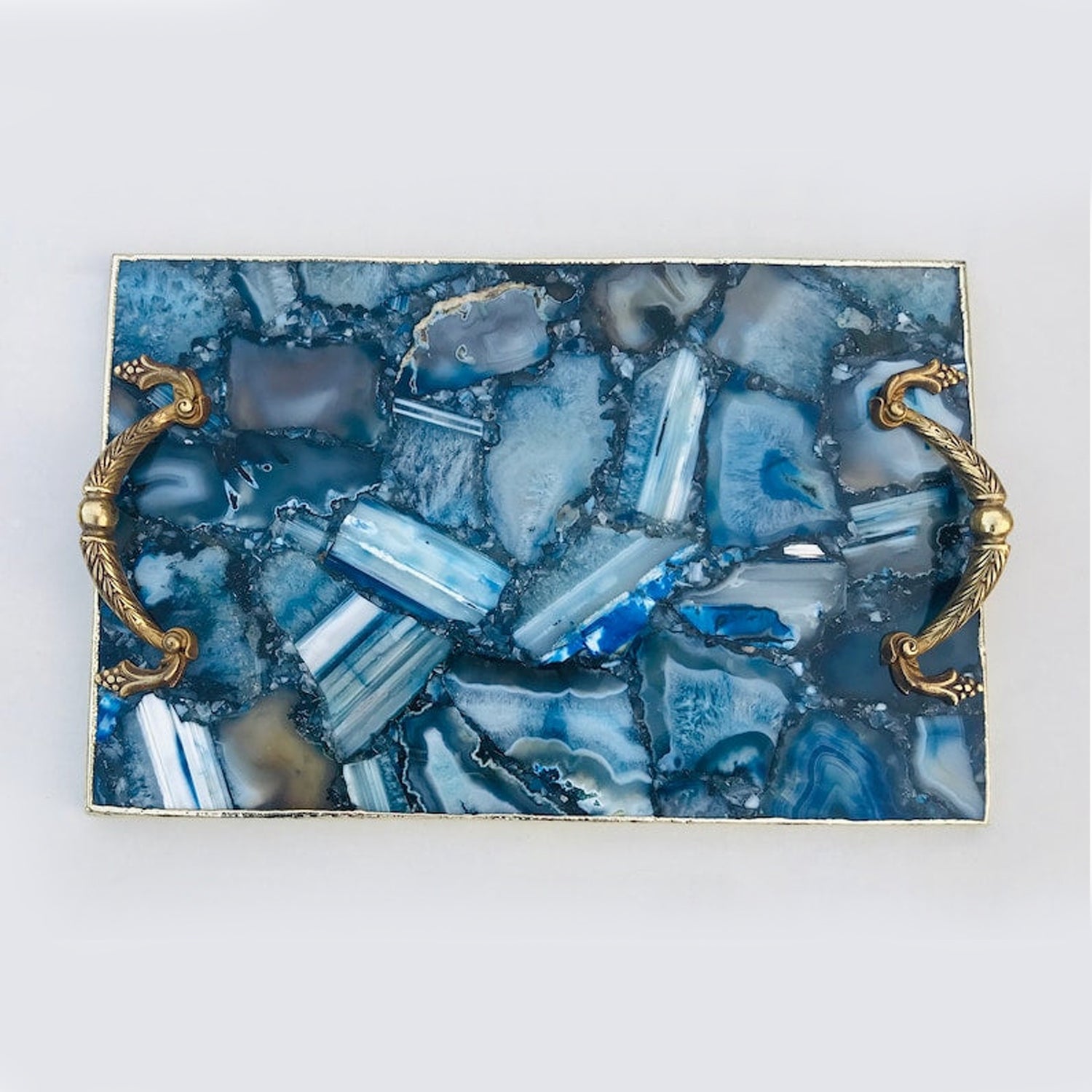 Blue Agate Serving Tray With Brass Handles-0