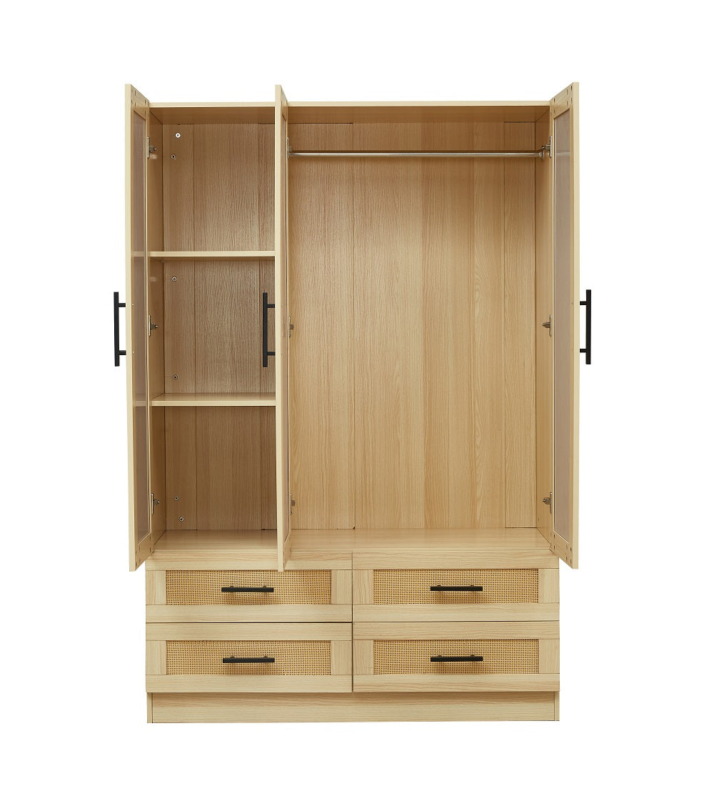 Rattan Wardrobe Closet with 3 Doors & Mirror | 71" H Wooden Armoire Cabinet with Hanging Rod for Bedroom