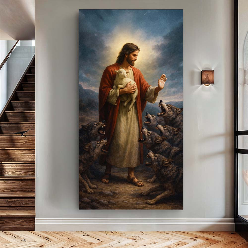 Jesus Protects The Lamb From Wolves Faith Wall Art V