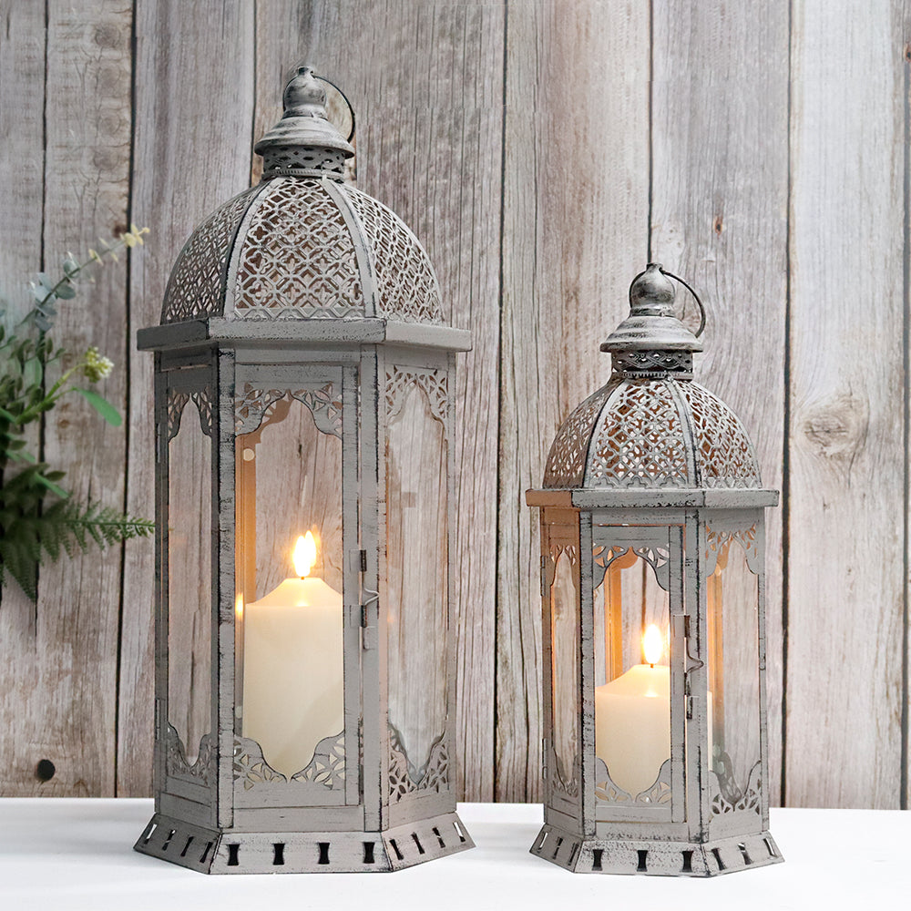22"&17" H Outdoor Vintage Metal Candle Lanterns(Grey with Black Brush)-0