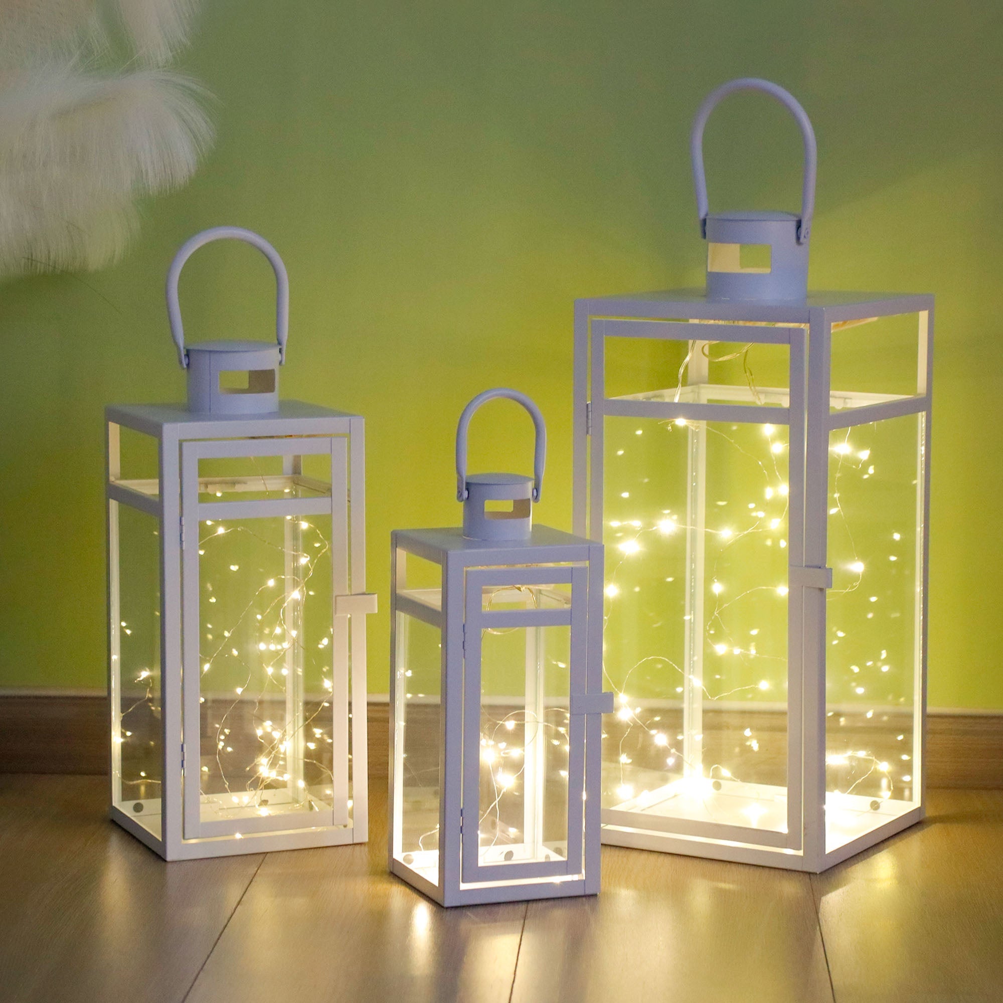 Metal Candle Lantern Set (3pcs, 12/15/19"): Tall Hanging, Tempered Panels, White (Indoor/Outdoor)-1