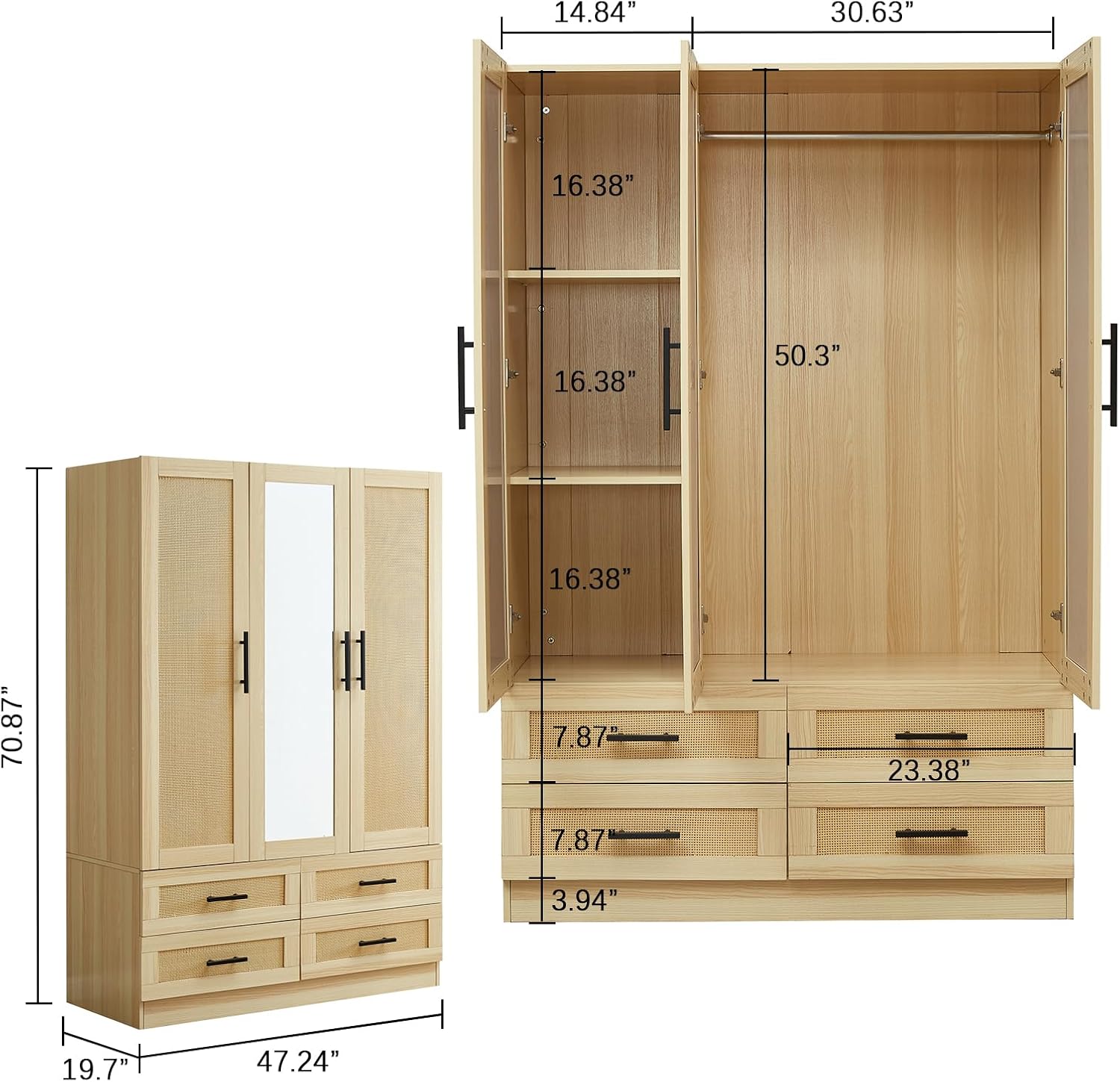 Rattan Wardrobe Closet with 3 Doors & Mirror | 71" H Wooden Armoire Cabinet with Hanging Rod for Bedroom