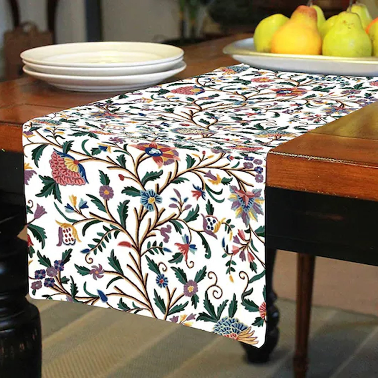 Sienna - Crewel Embroidered Table Runner | Linen Cotton Mix | Soft | Handmade | Cotton Linen Backing | Customisable Sizes-1