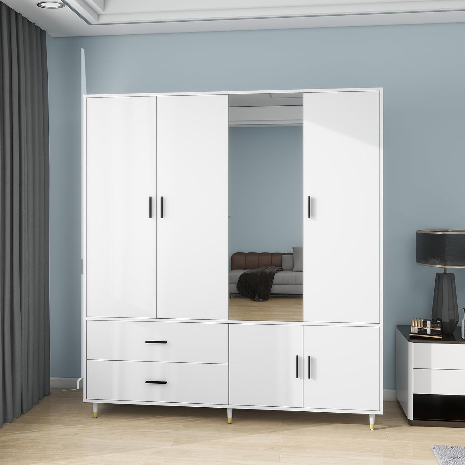 White Wood Armoire Wardrobe – 4-Door Closet with Mirror, 2 Hanging Rods, Drawers & Shelves