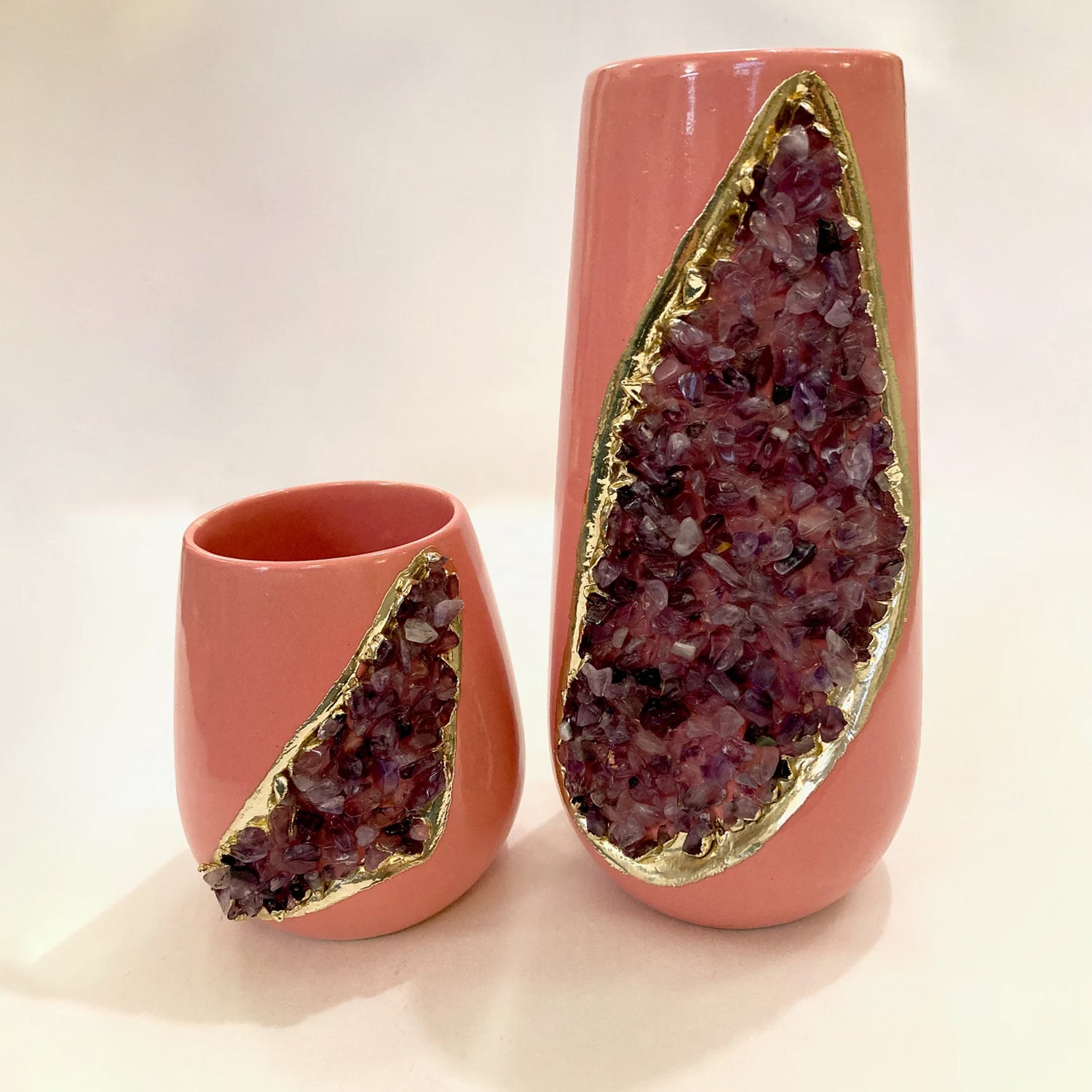 Pink and Gold Ceramic Vase/Planter/Pot/Wine Goblet/Mug with Purple Amethyst Semi-precious Agate Crystal Gemstones-0