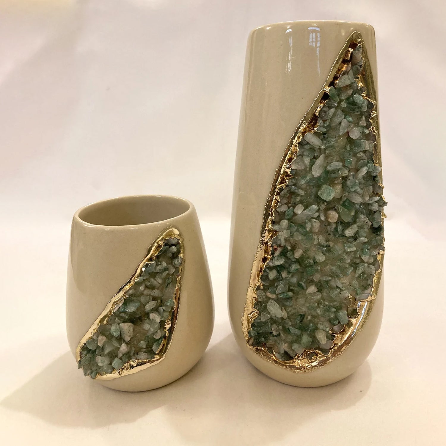 Cream and Gold Ceramic Vase/Planter/Pot/Wine Goblet/Mug with Light Green Semi-precious Agate Crystal Gemstones-0