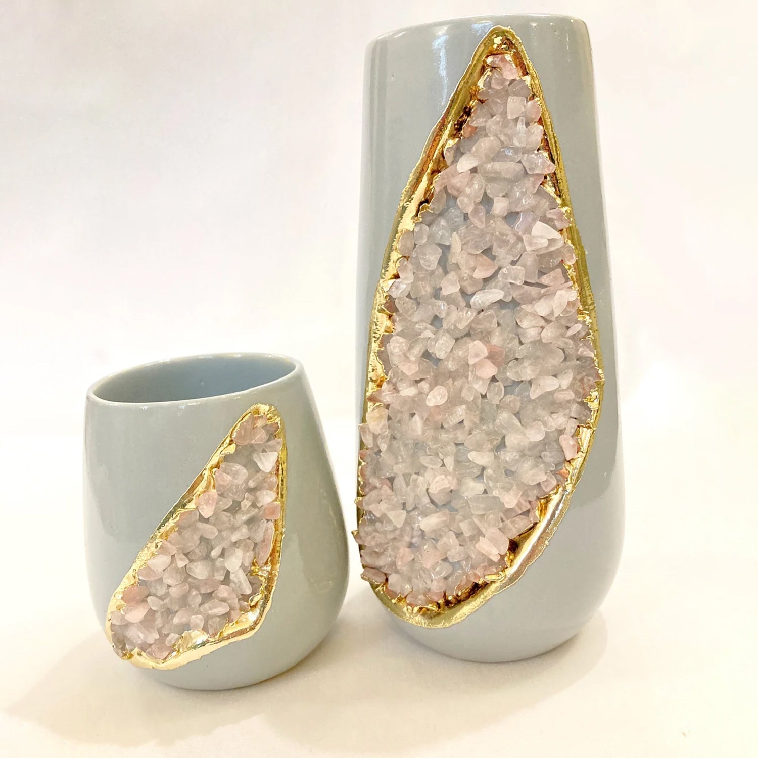 Grey and Gold Ceramic Vase/Planter/Pot/Wine Goblet/Mug with Rose Quartz Semi-precious Agate Crystal Gemstones-0