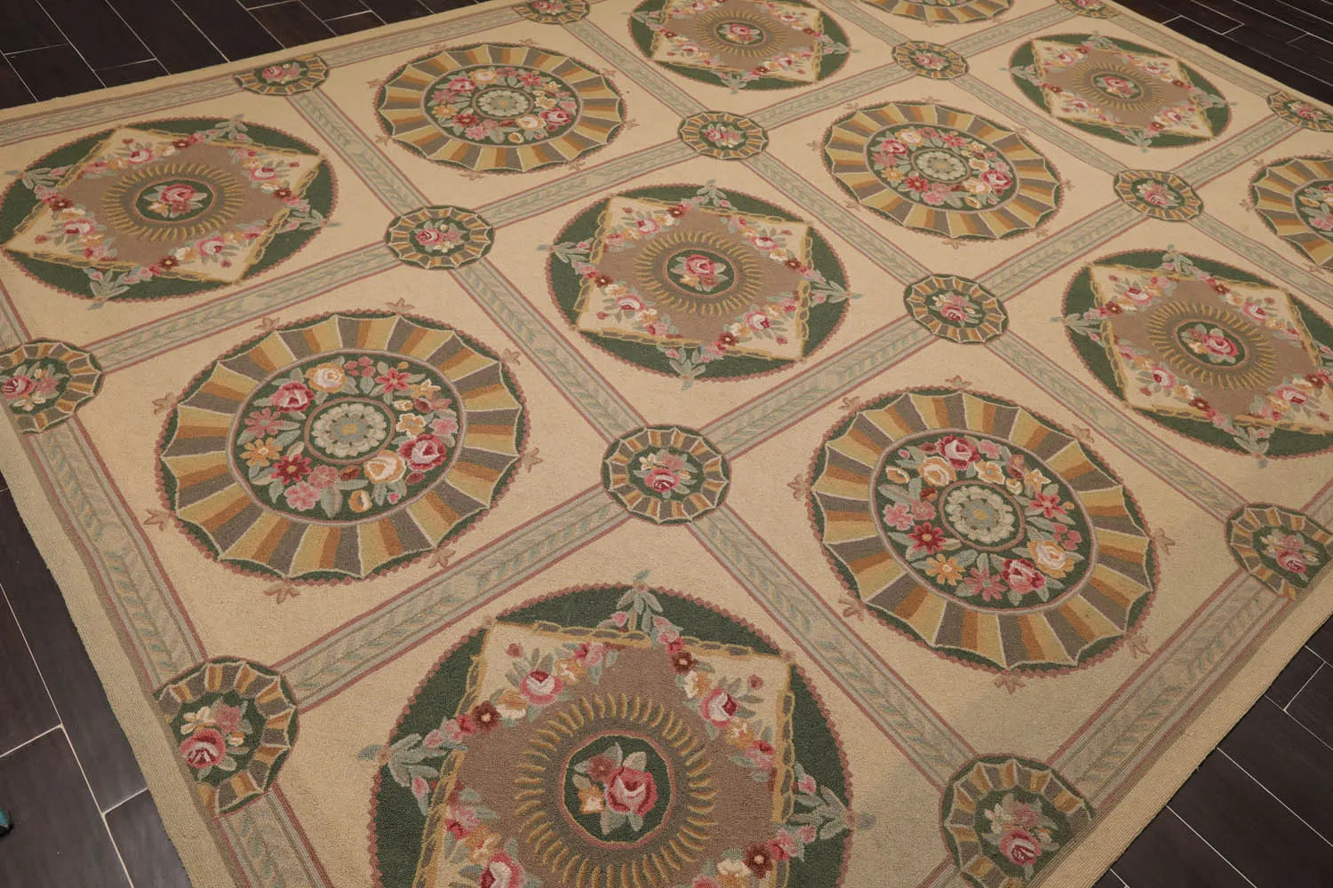 9x12 Beige Hand Hooked 100% Wool Traditional French Aubusson Oriental Area Rug