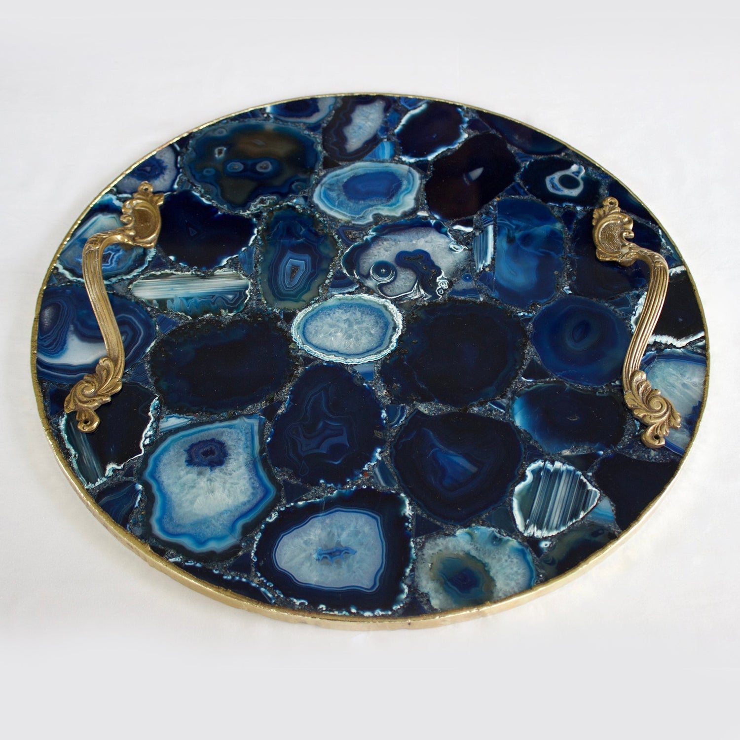 Blue Agate Serving Tray With Brass Handles | Circular-1