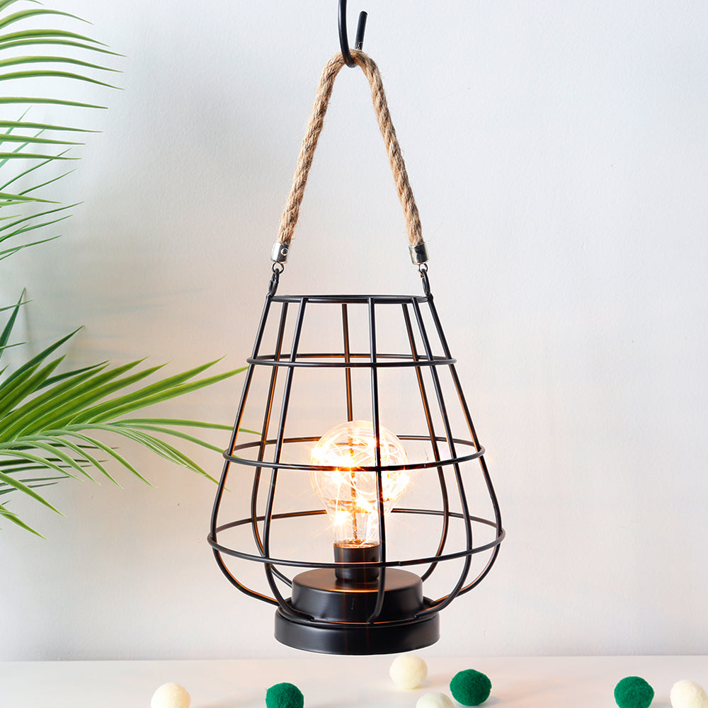 JHY DESIGN 8.5"H Cage Lantern: Decorative Table Lamp, Battery-Powered, Cordless, Warm White Fairy Lights + LED Edison Bulb (Black)-2
