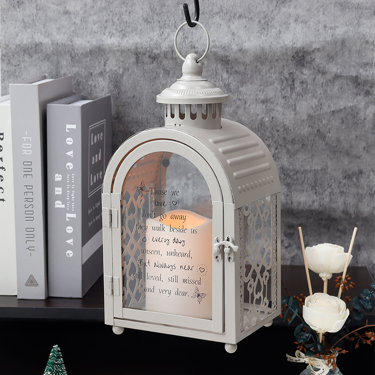 11''High Remembrance Lantern with Timer Candle Bereavement Sympathy Gift Memorial Lantern (Grey)-2