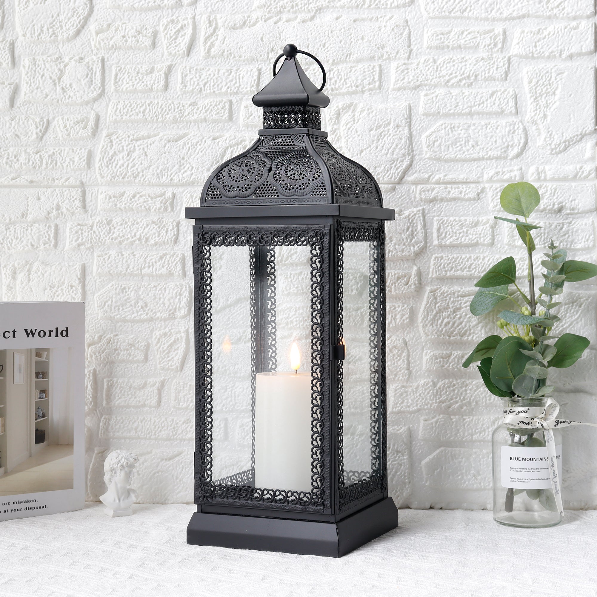 19'' High Rustic Style Metal Candle Lantern (Black)-4