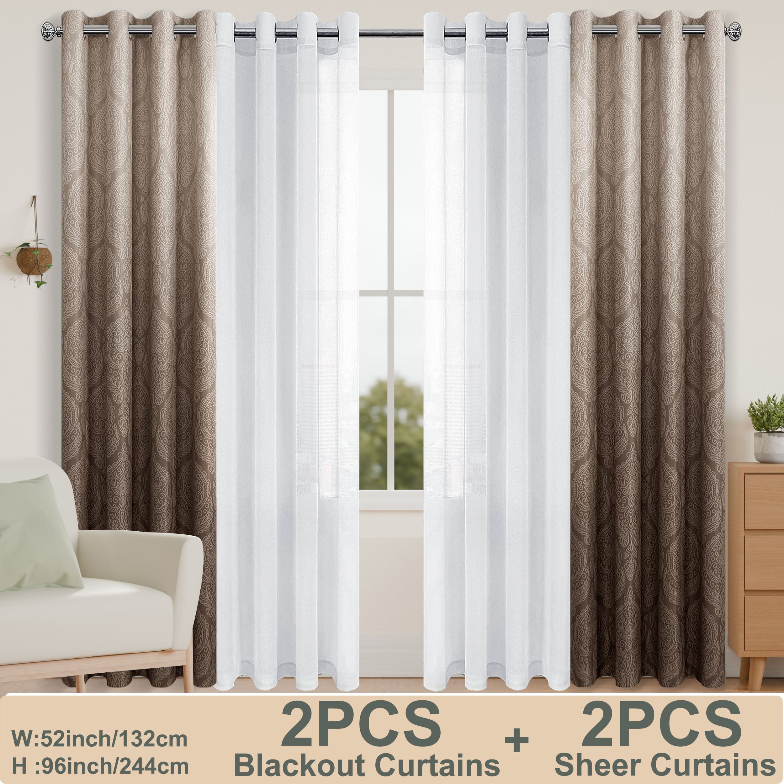 4pcs/SET Curtains - 2pcs Ombre Blackout Curtains And 2pcs Semi Sheer Curtains-7