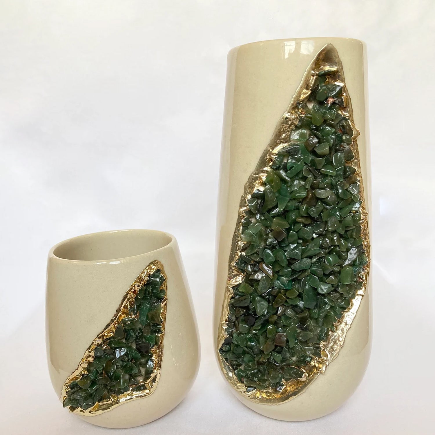 Cream and Gold Ceramic Vase/Planter/Pot/Wine Goblet/Mug with Green Semi-precious Agate Crystal Gemstones-0