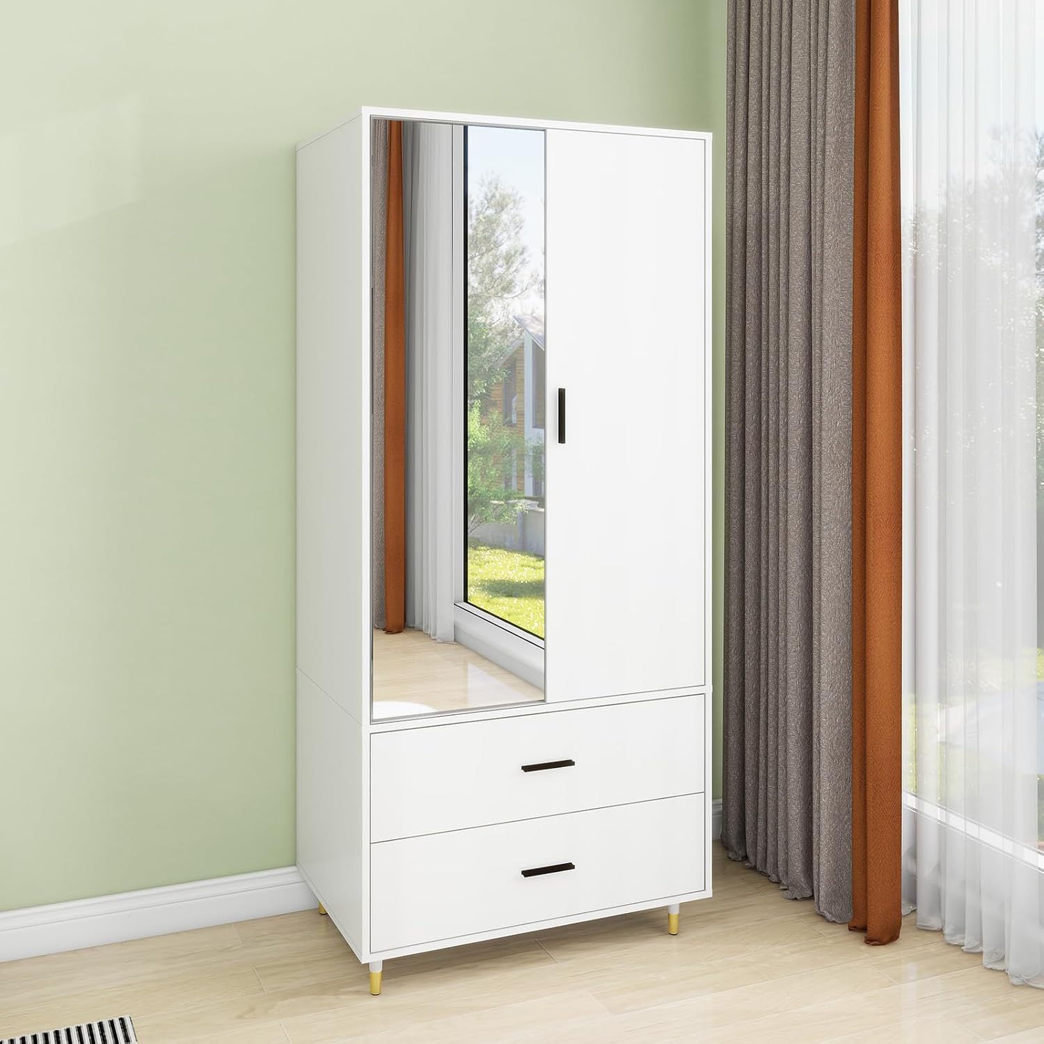 White Wooden Armoire Wardrobe – Tall 2-Door Closet with Mirror, Drawers, Hanging Rods & Shelves