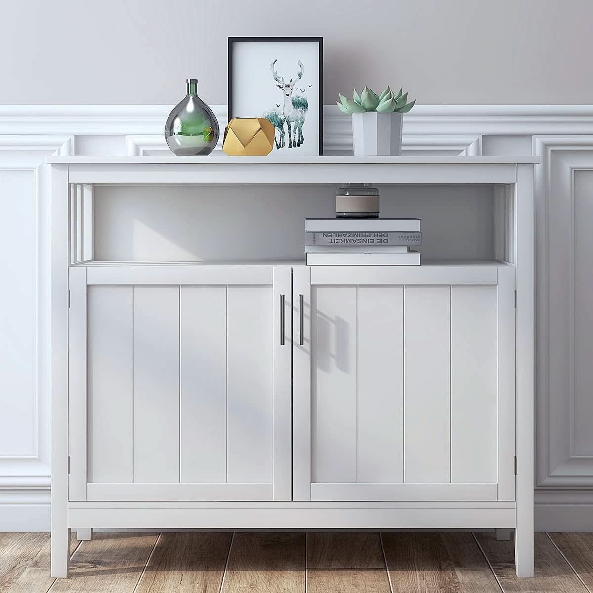 White Buffet Cabinet With 2 Doors And Adjustable Shelf