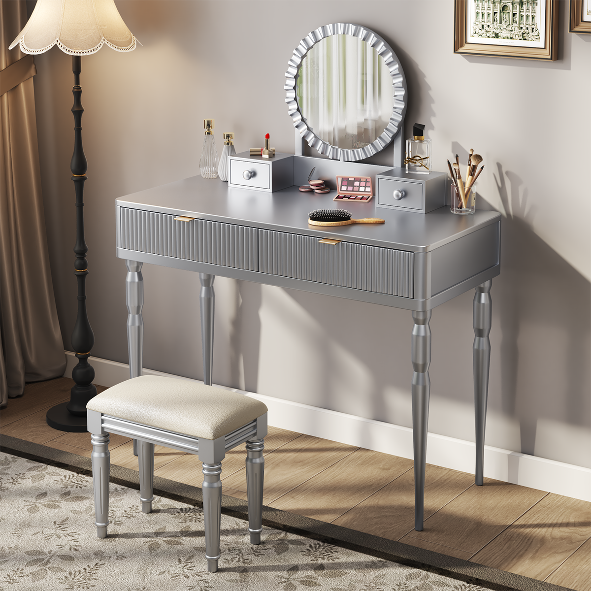 Luxury Vanity Desk with Round Mirror