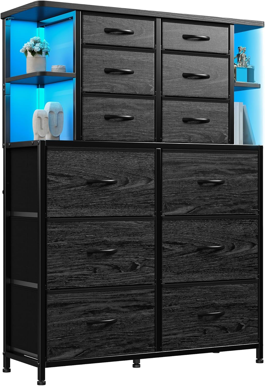 12 Drawer Dresser With Led Lights In Black Bedroom Storage Cabinet With Ample Drawer Space And Modern Metal Frame