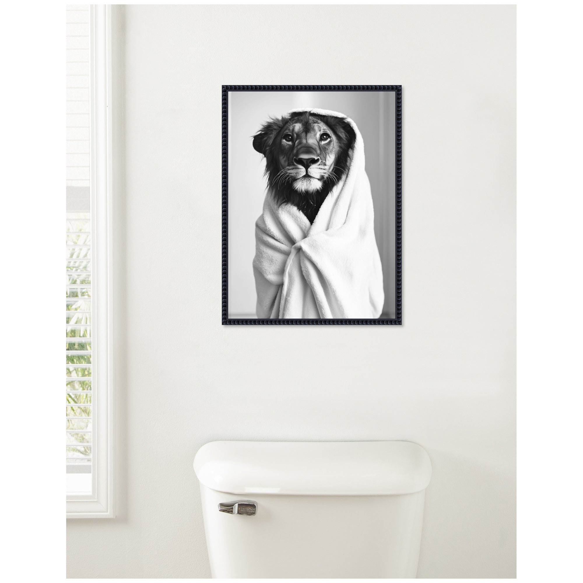 Sylvie Lioness Bathroom Art Towel Robe Black and White Framed Canvas by The Creative Bunch Studio
