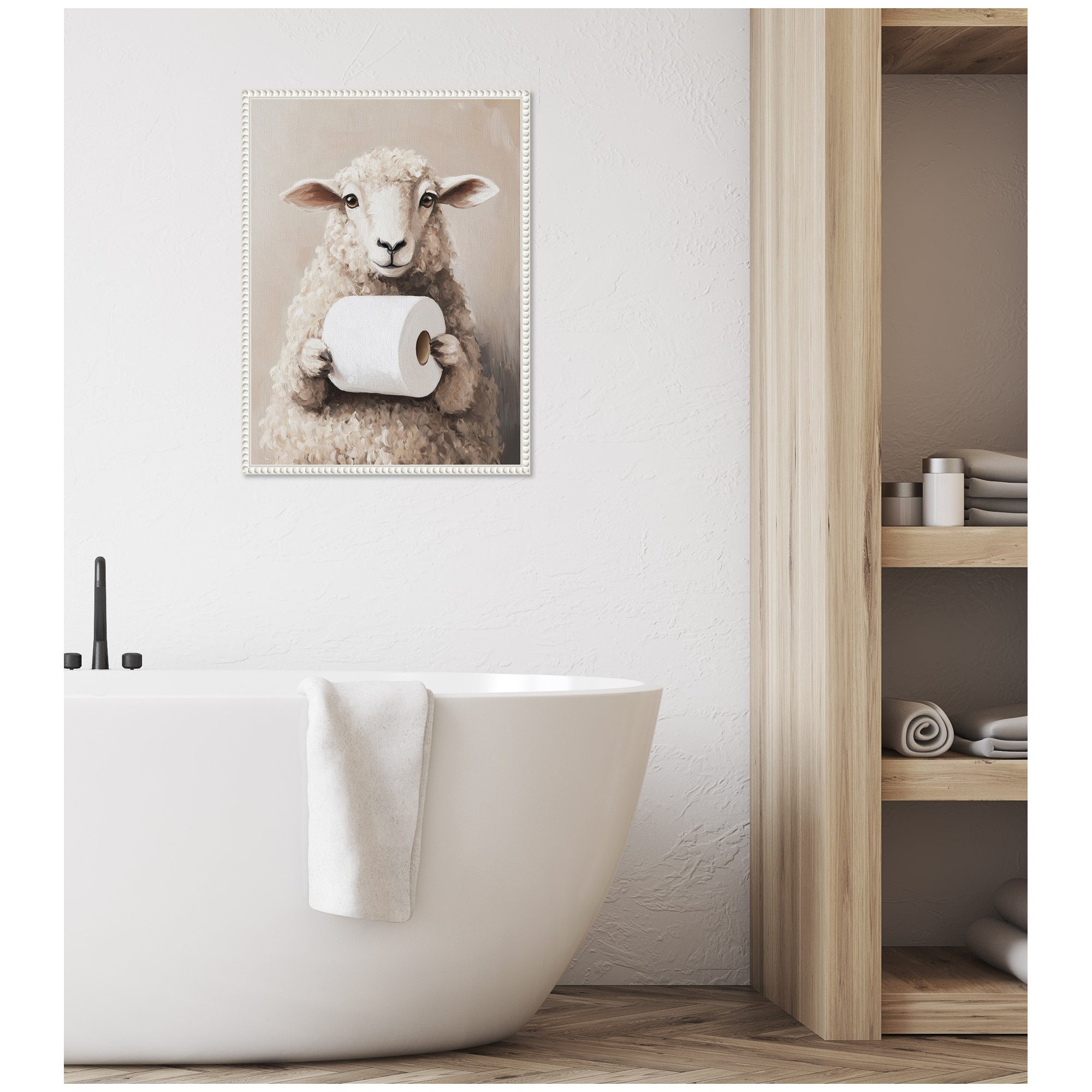 Sylvie Cute Sheep Toilet Paper Roll Toilet Bathroom Art Framed Canvas by The Creative Bunch Studio