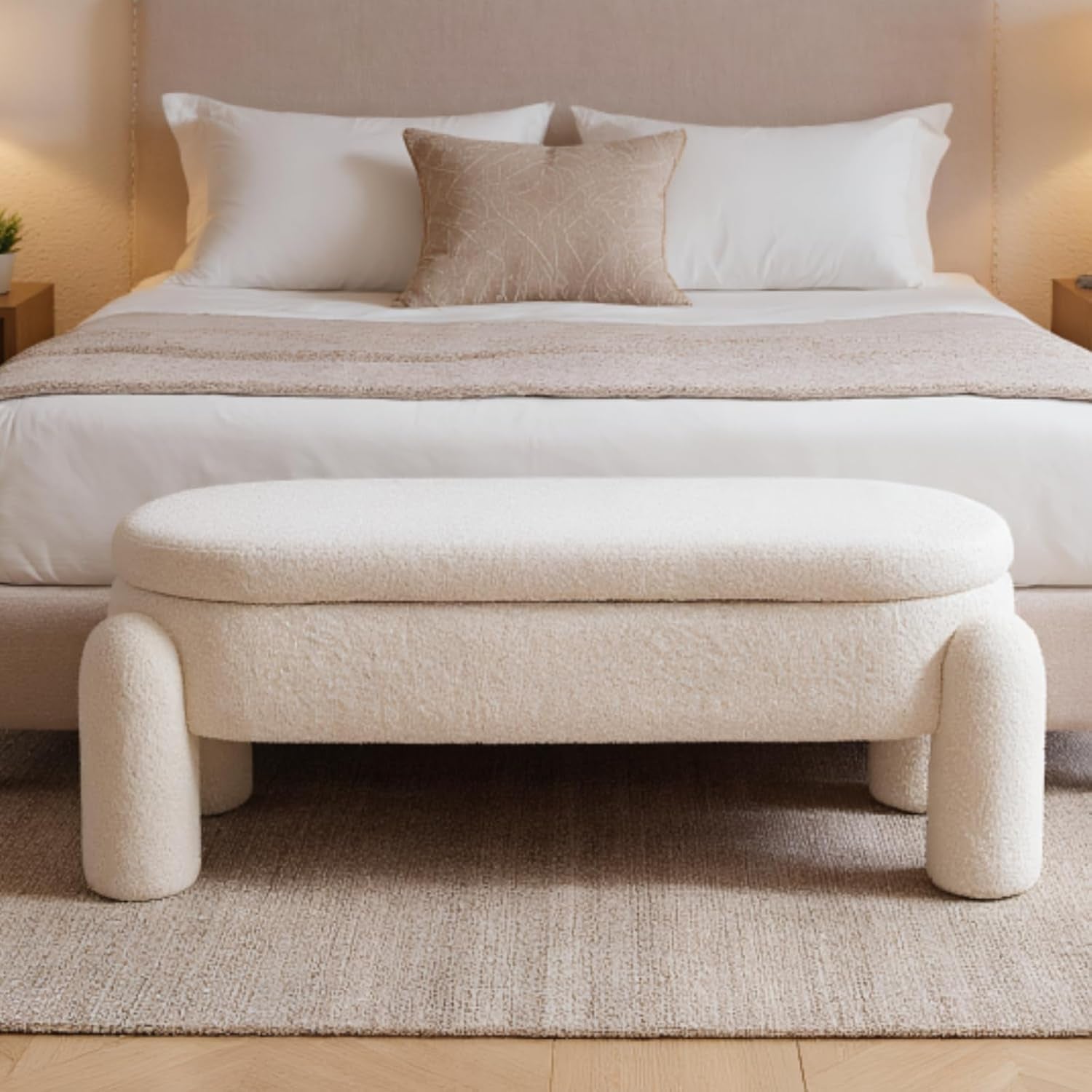 44.7-Inch White Boucle Upholstered Storage Ottoman Bench