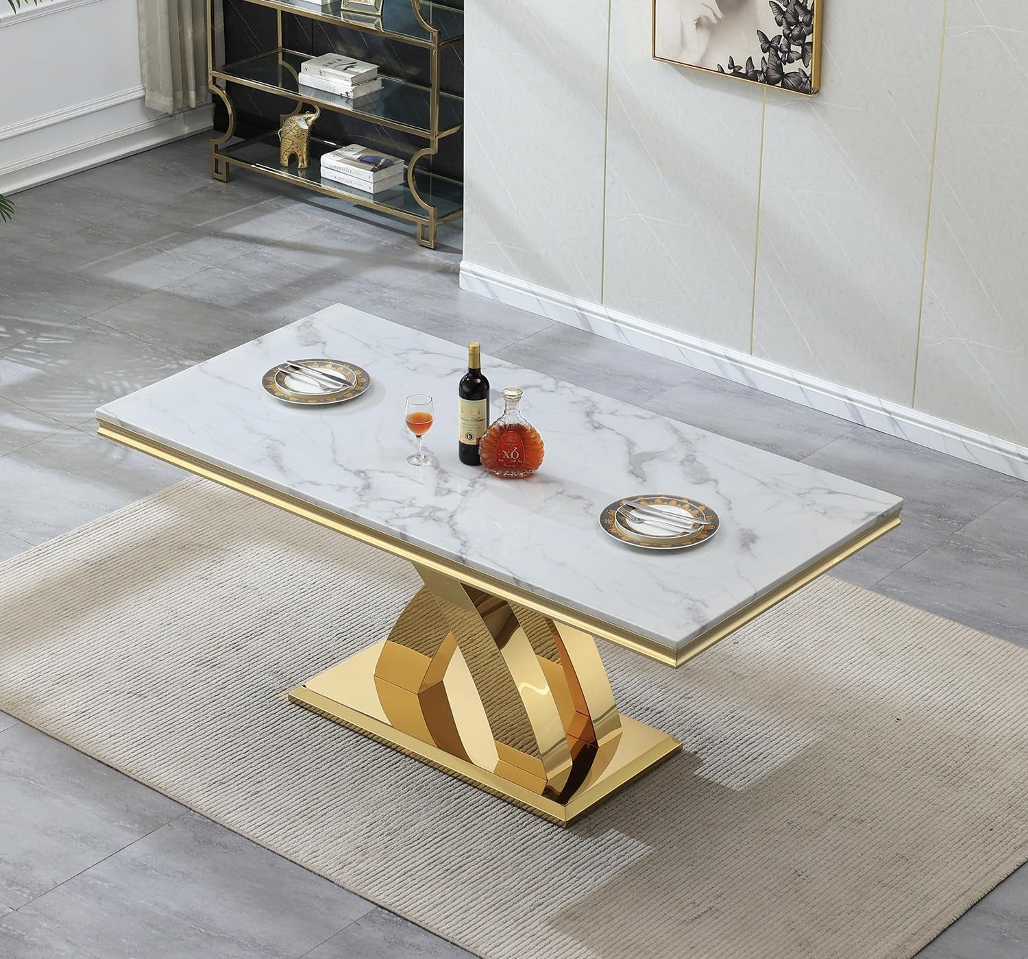 Faux Marble Dining Table 70 Inch With X Pedestal Base