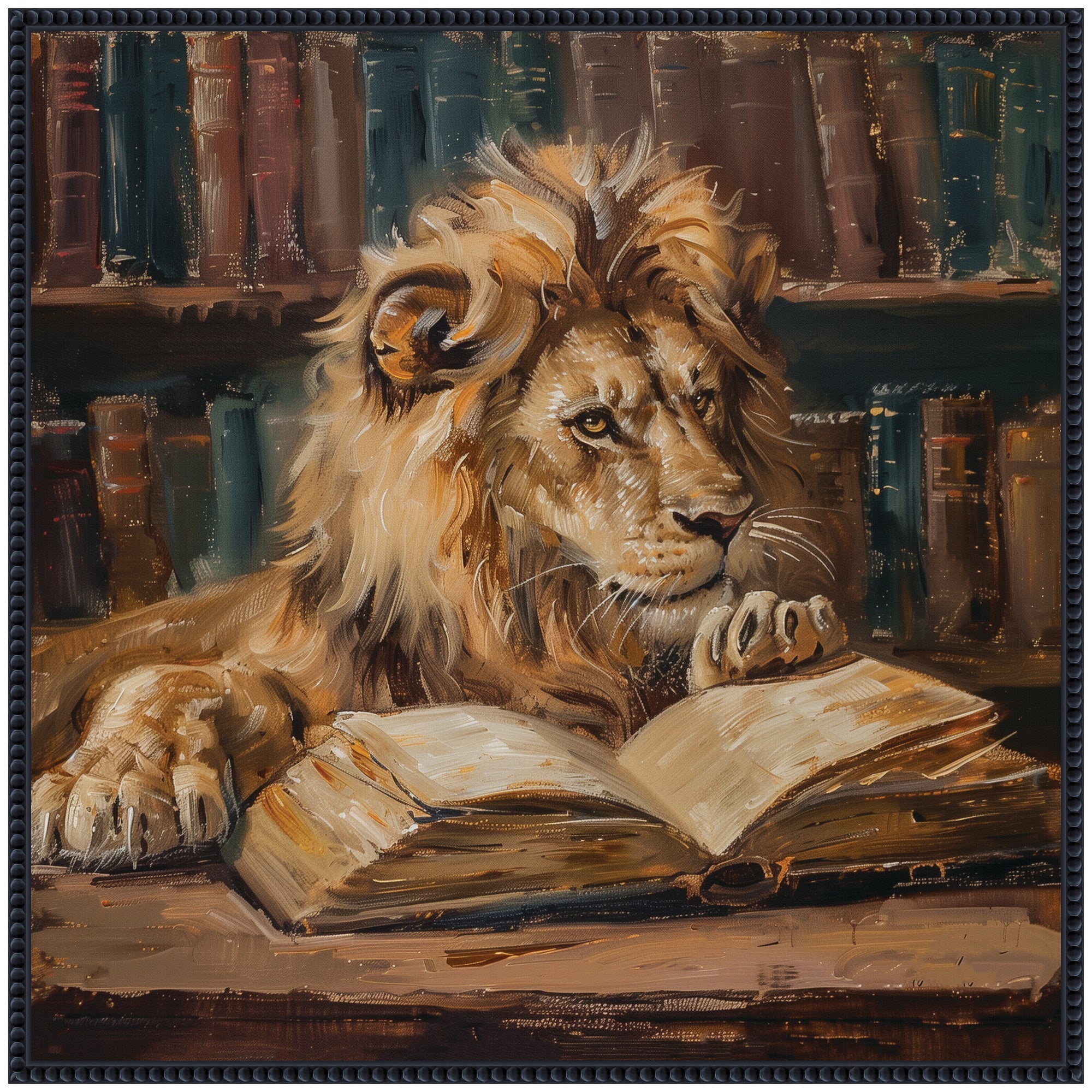 Sylvie Traditional Lion Reading in Library Framed Canvas by The Creative Bunch Studio