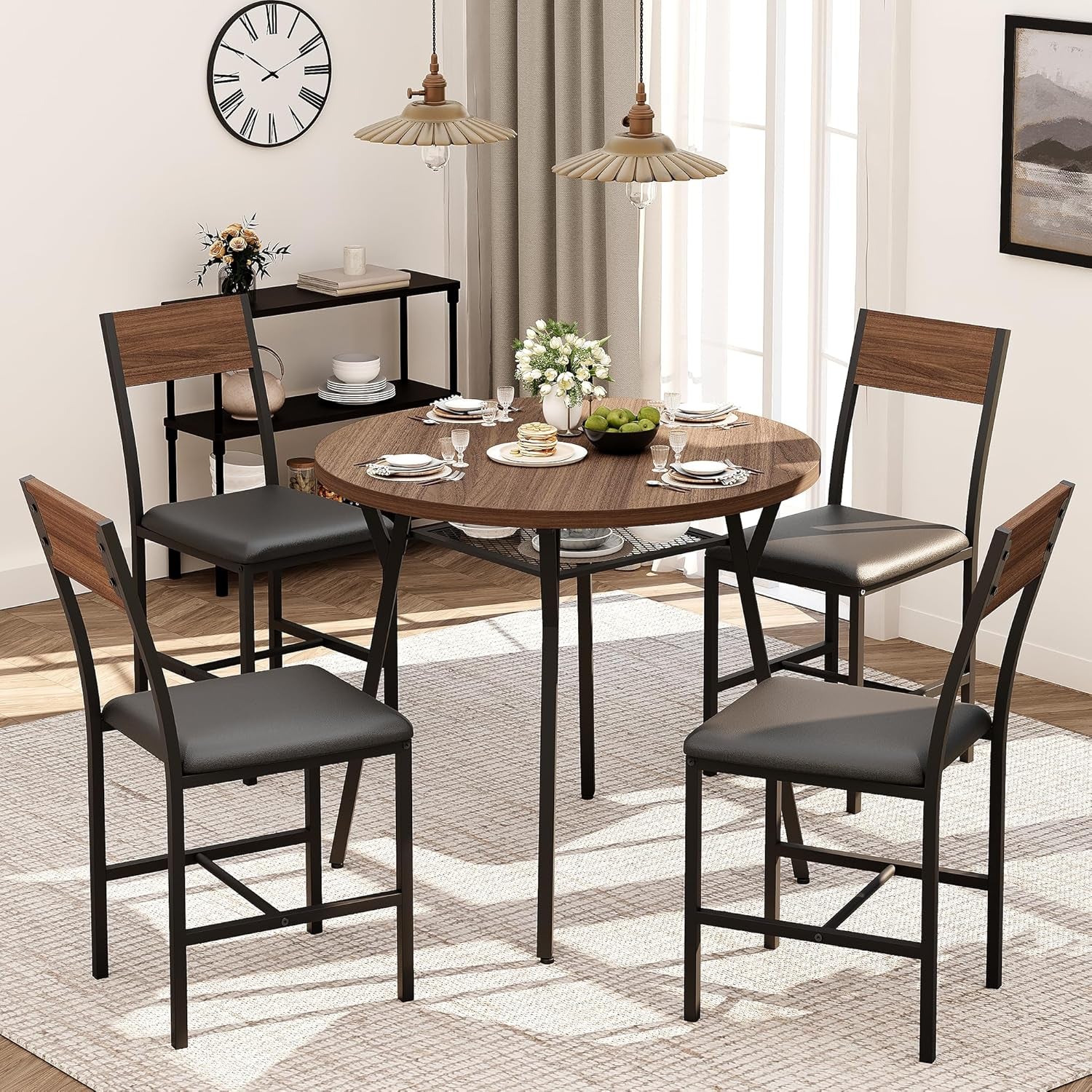 Round Dining Table Set For Four Walnut Wood Finish Metal