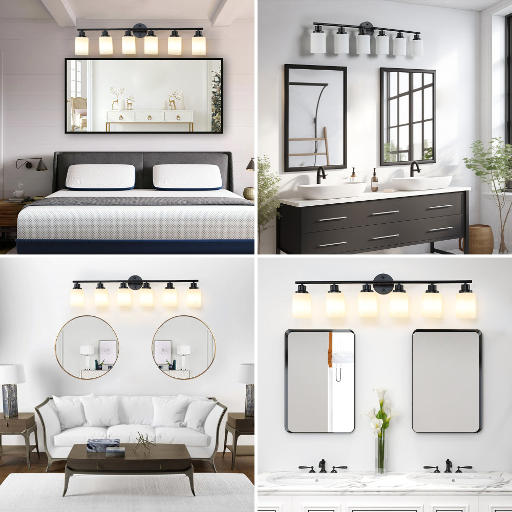 Vanity Light Fixture | 4/5/6/8-Light Bathroom Wall Sconce with Frosted White Glass & Iron Frame — Black, Chrome or Gold, 4 Sizes
