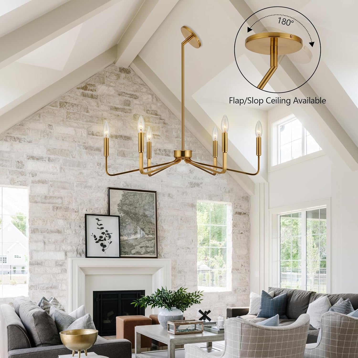 Brushed Brass Six Light Ceiling Mounted Chandelier Fixture-4