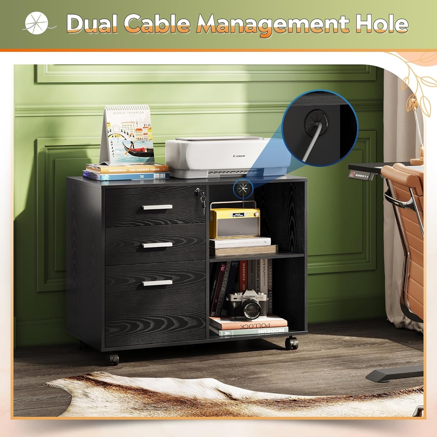 Three Drawer Wood File Cabinet With Lock Black Finish