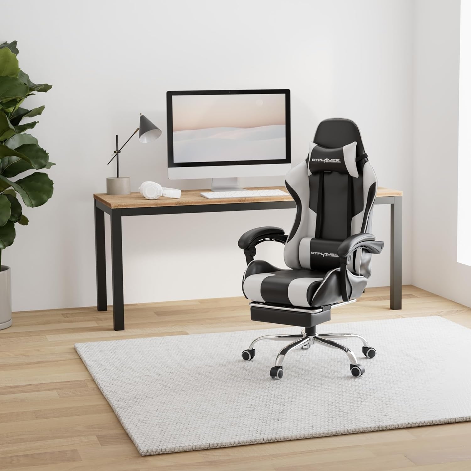 White Gaming Chair With Footrest And Lumbar Support