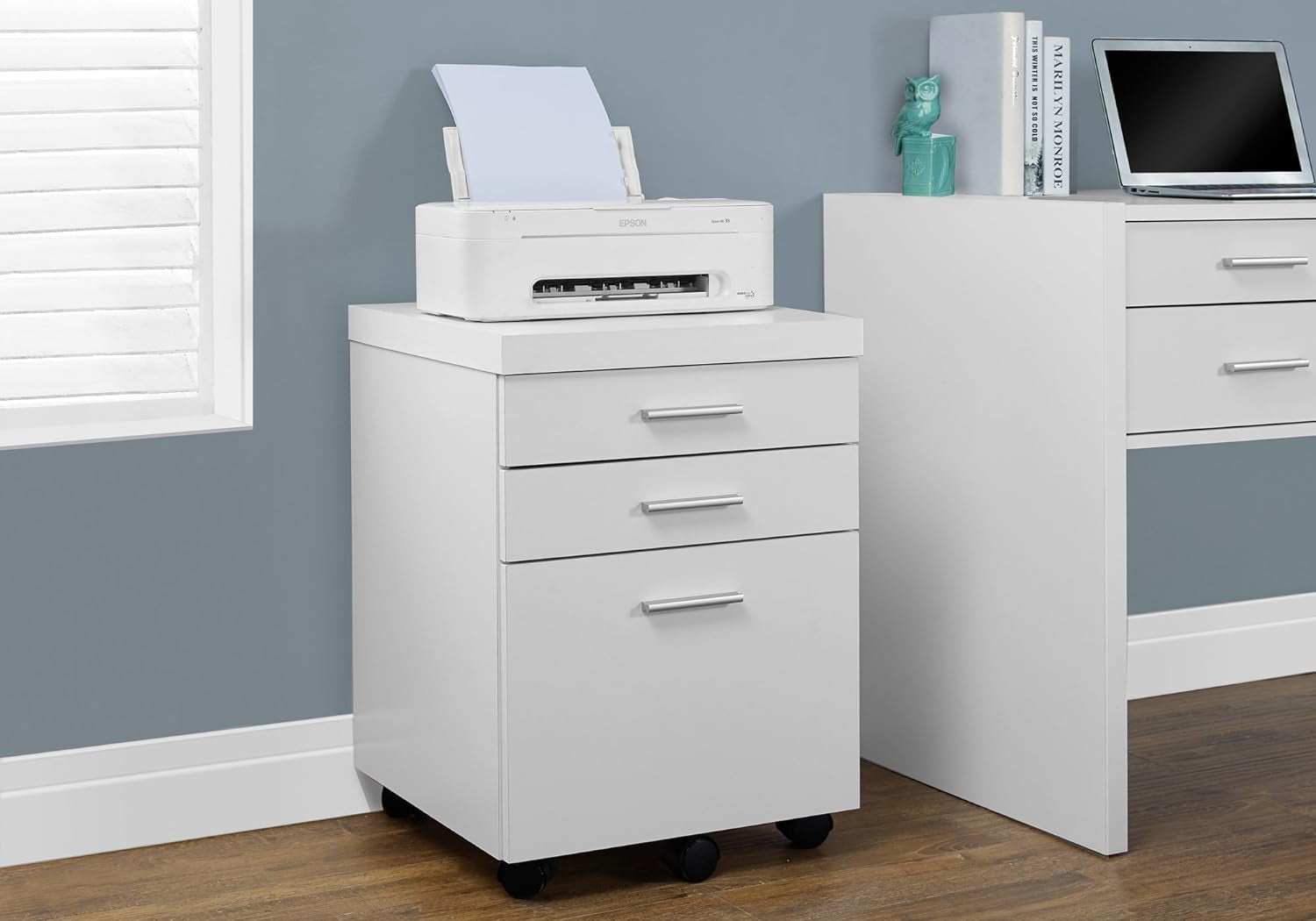 White Hollow Core 3 Drawer File Cabinet On Castors