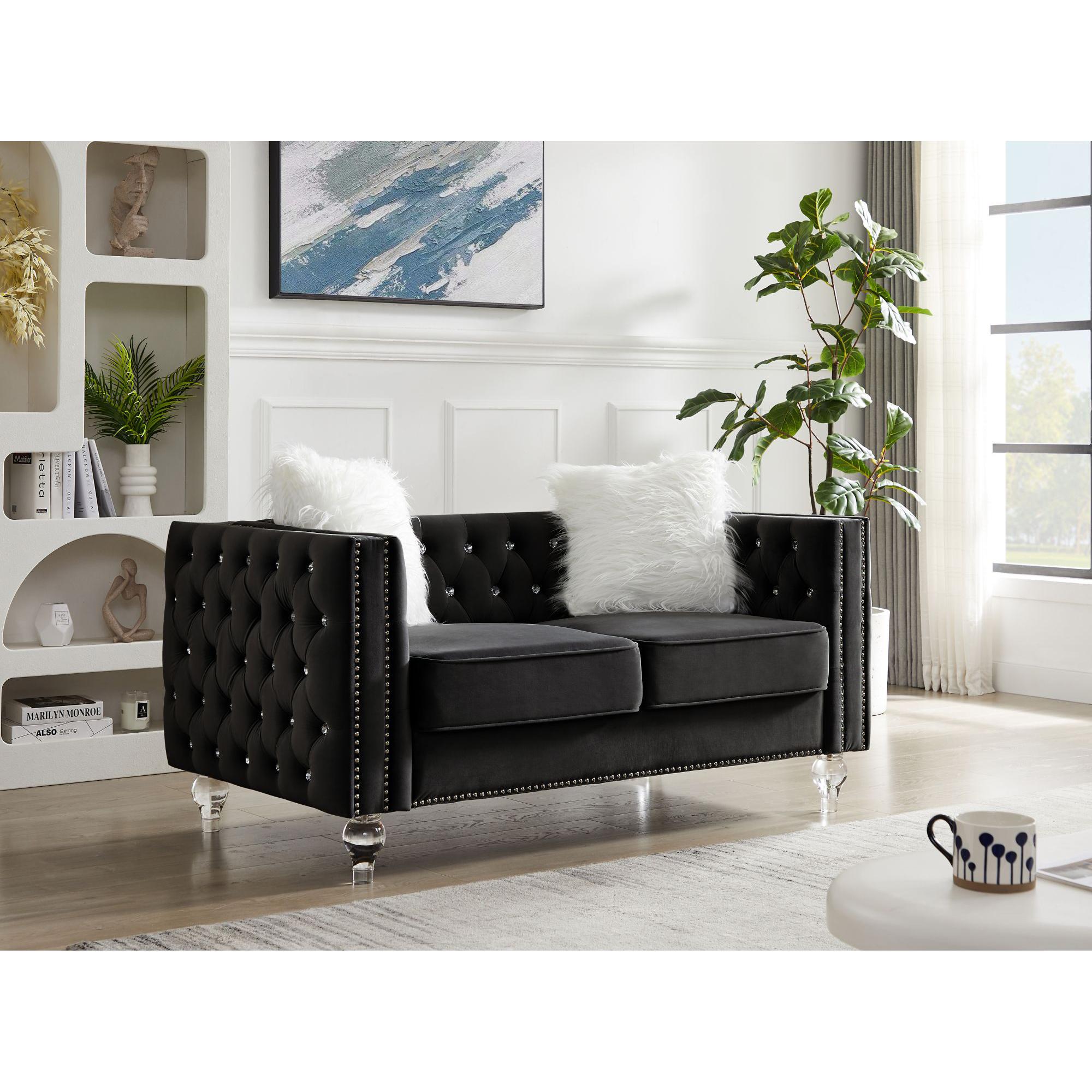 Velvet Upholstery Tufted Sofa With Crystal Feet and Removable Cushion-1