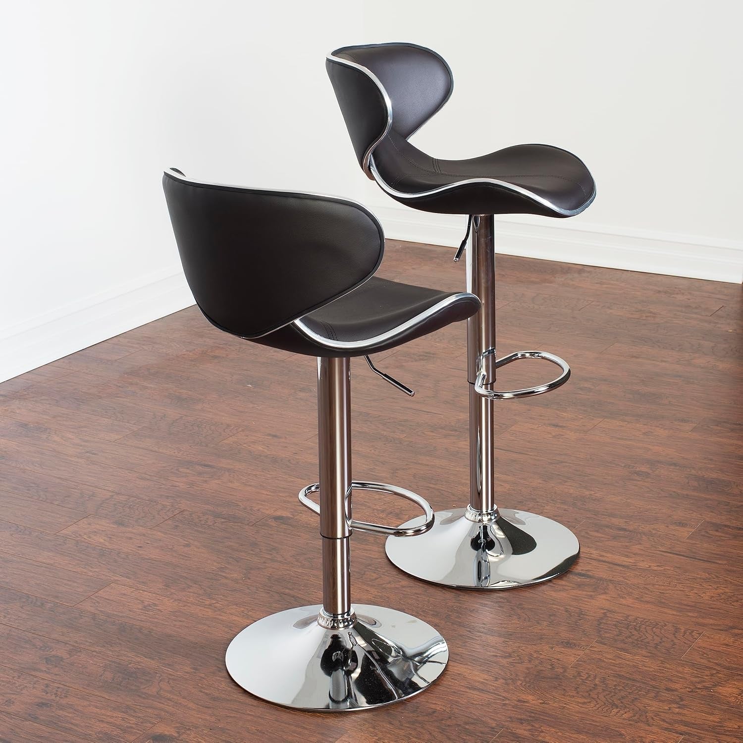 Two Brown Airlift Swivel Barstools With Chrome Base Adjustable Height 360 Degree Rotation