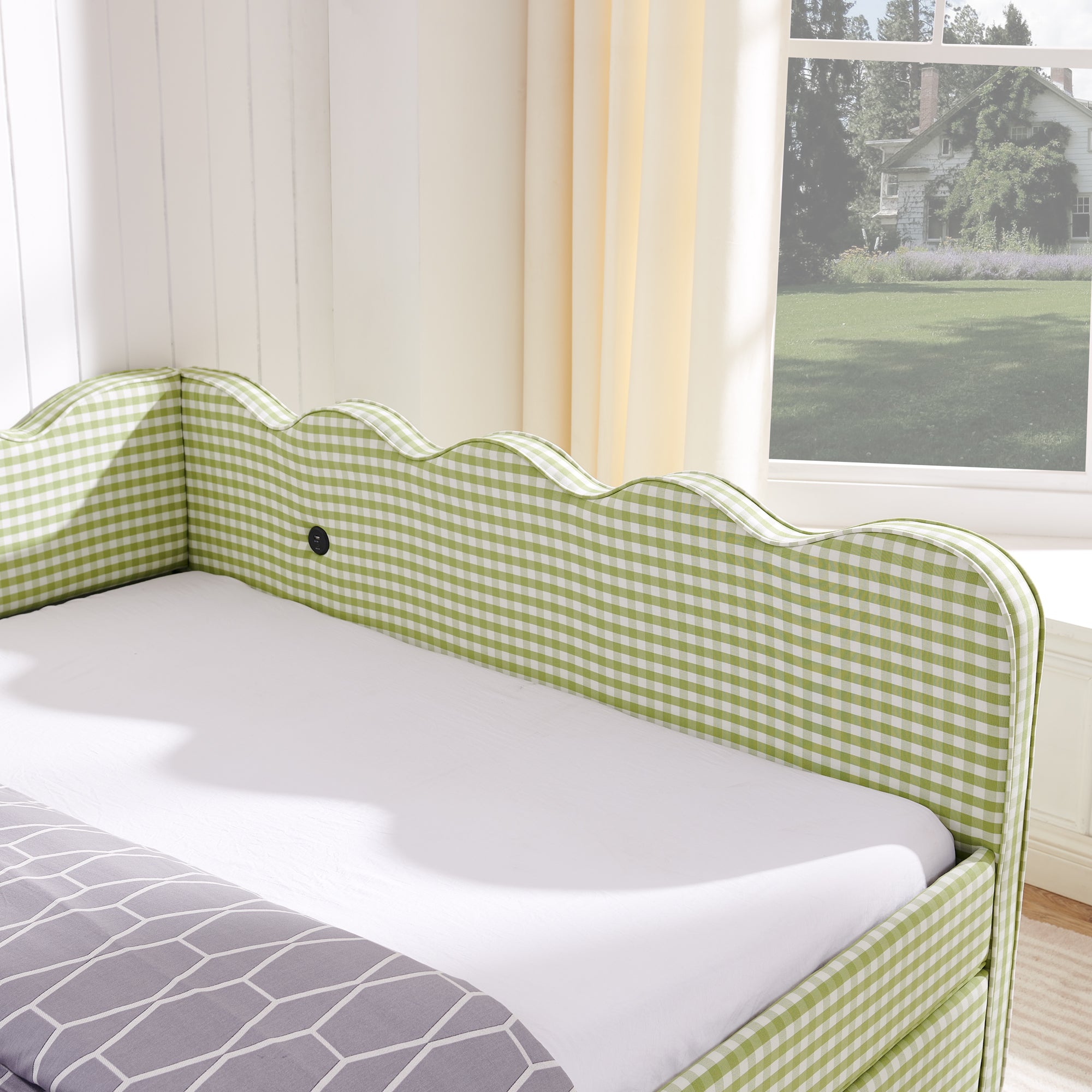 Queen Size Cozy Gingham Daybed with Two Storage Drawers and USB Port
