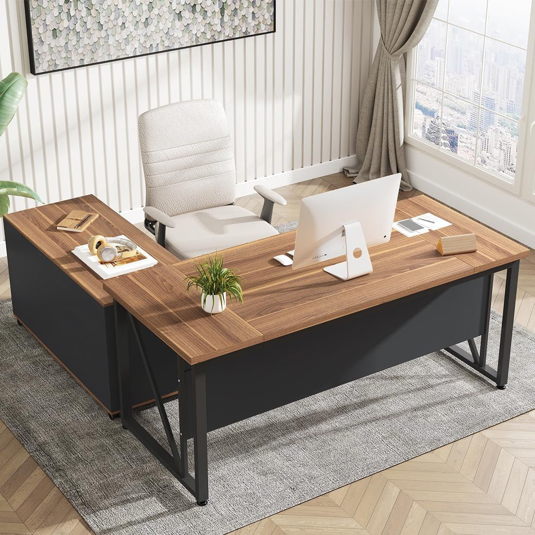 63 Inch L Shaped Desk With 47 Inch File Cabinet Brown Black