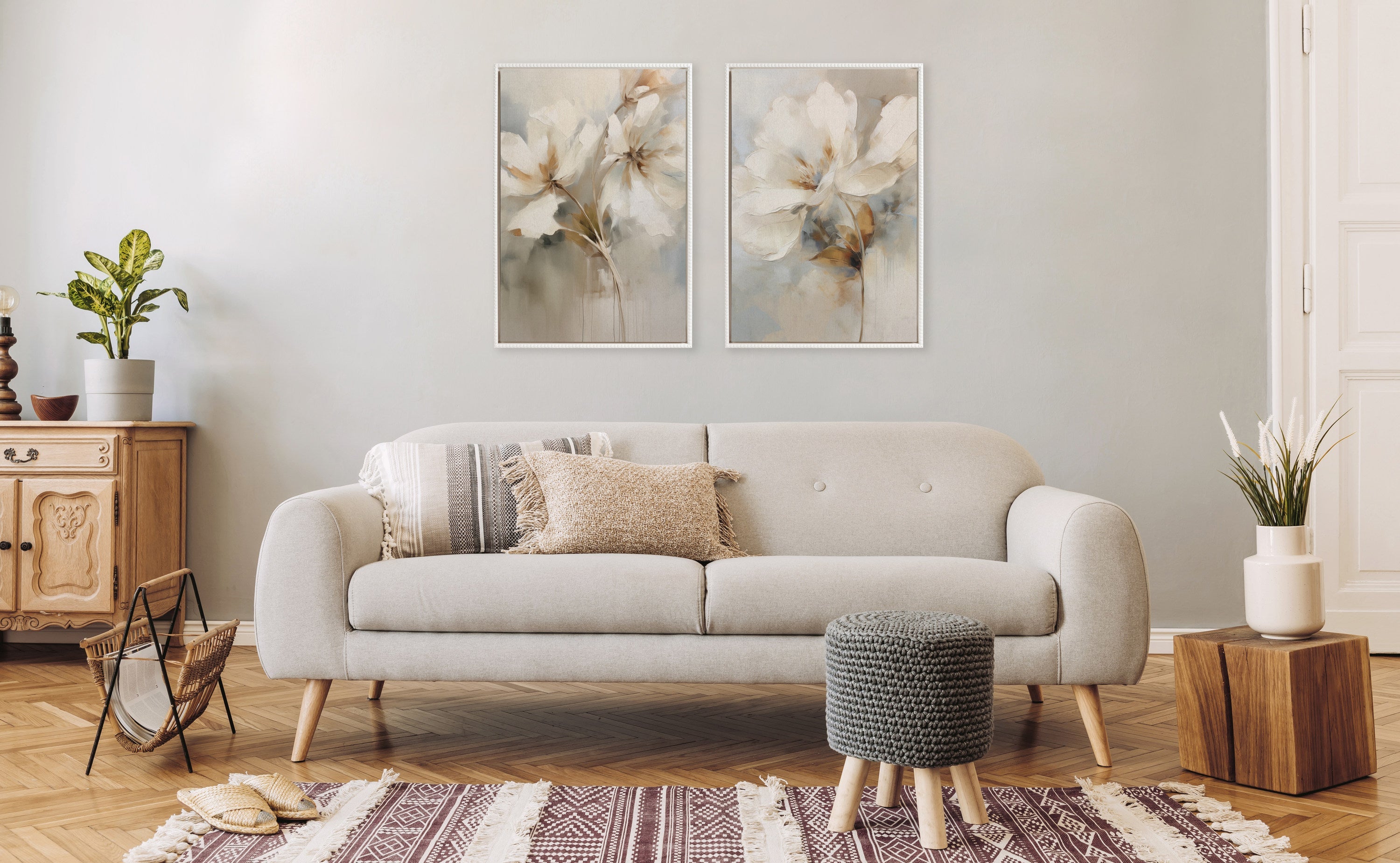Sylvie Beaded Abstract Botanical Floral Linen Painting 1 and 2 Framed Canvas Art Set by The Creative Bunch Studio