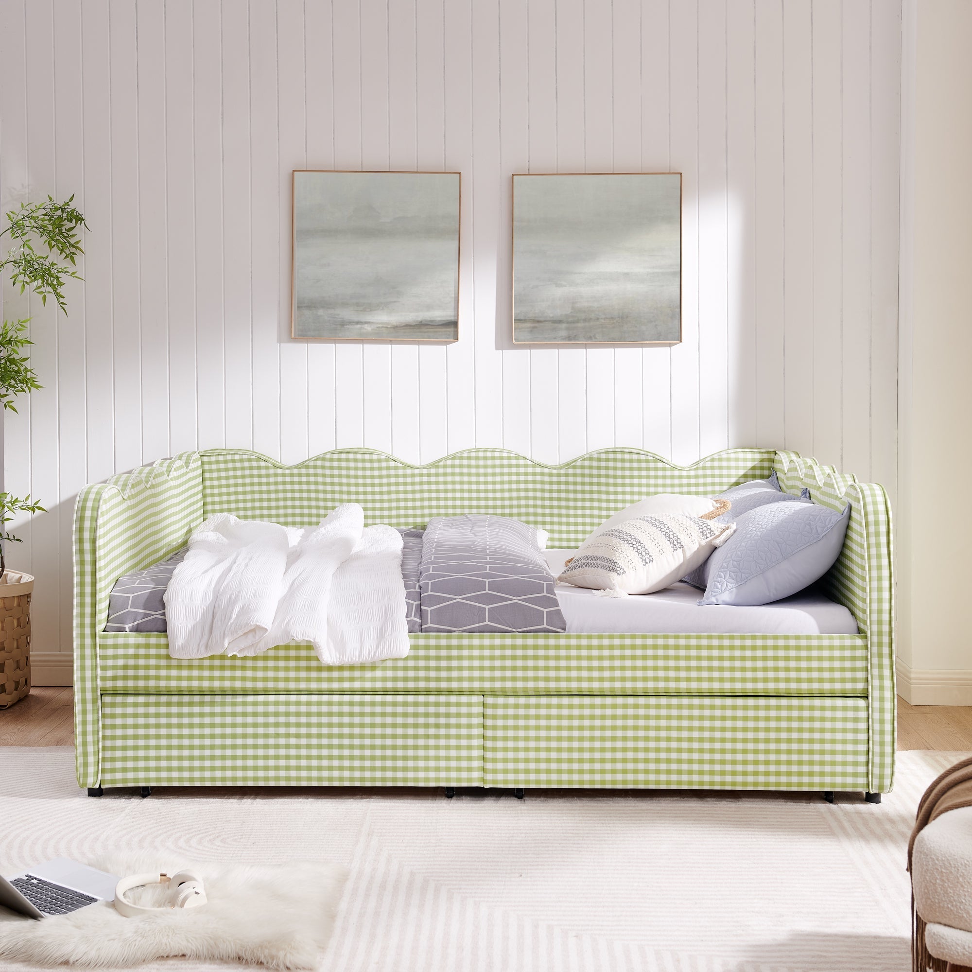 Queen Size Cozy Gingham Daybed with Two Storage Drawers and USB Port