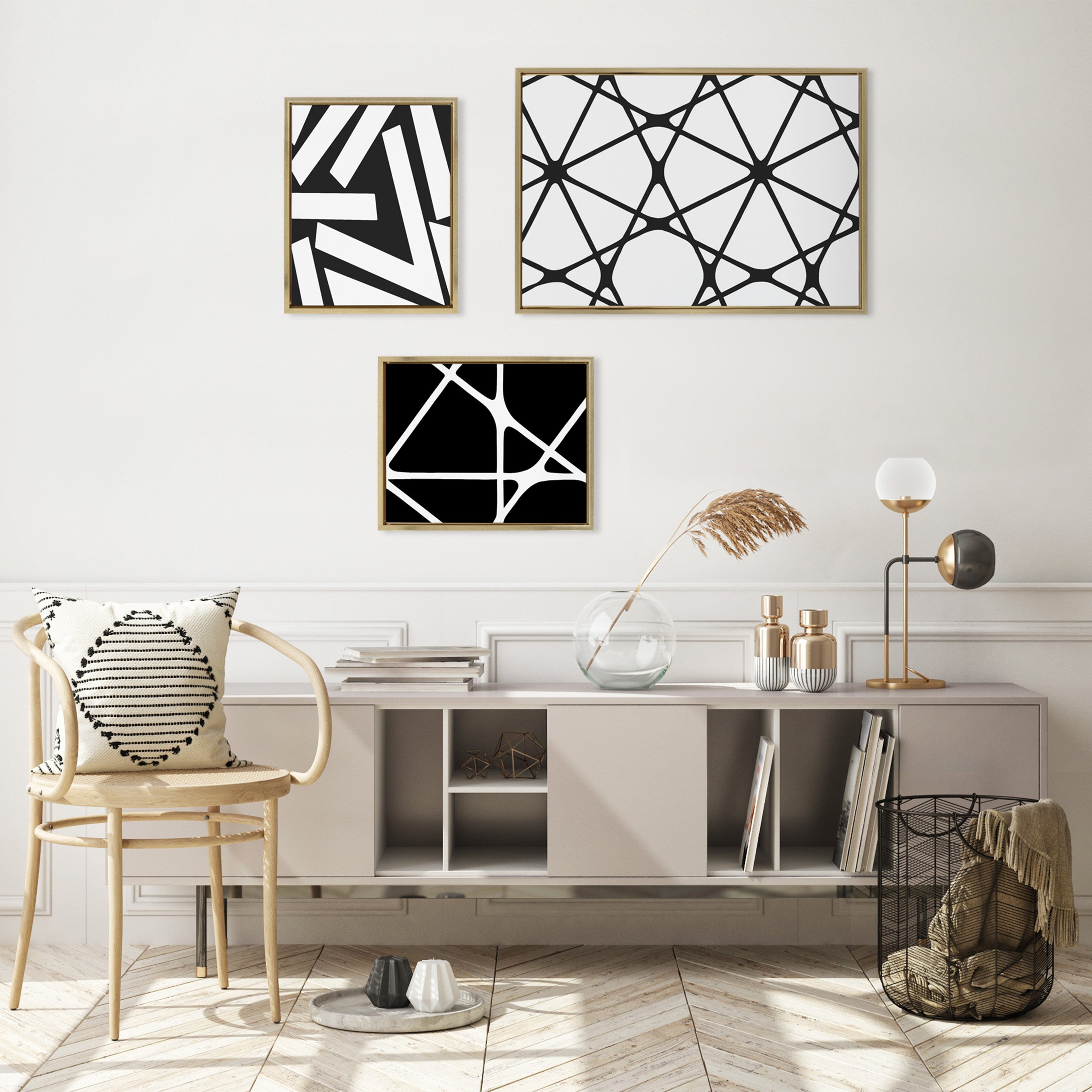 Sylvie Elevated Modern Black and White Minimalist Pattern No 1, 2 and 3 Framed Canvas by The Creative Bunch Studio