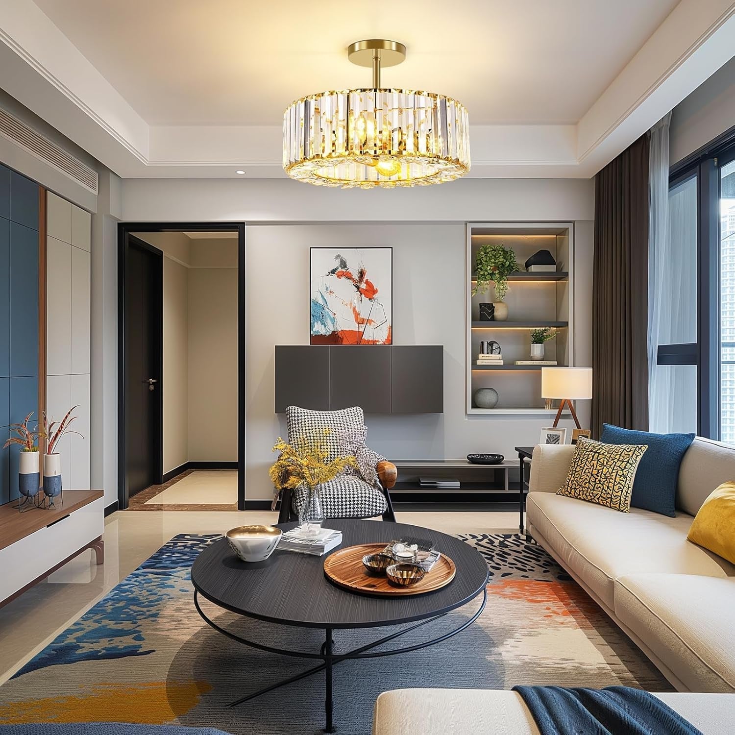 Gold Crystal Ceiling Light 14 Inch Contemporary Style-1