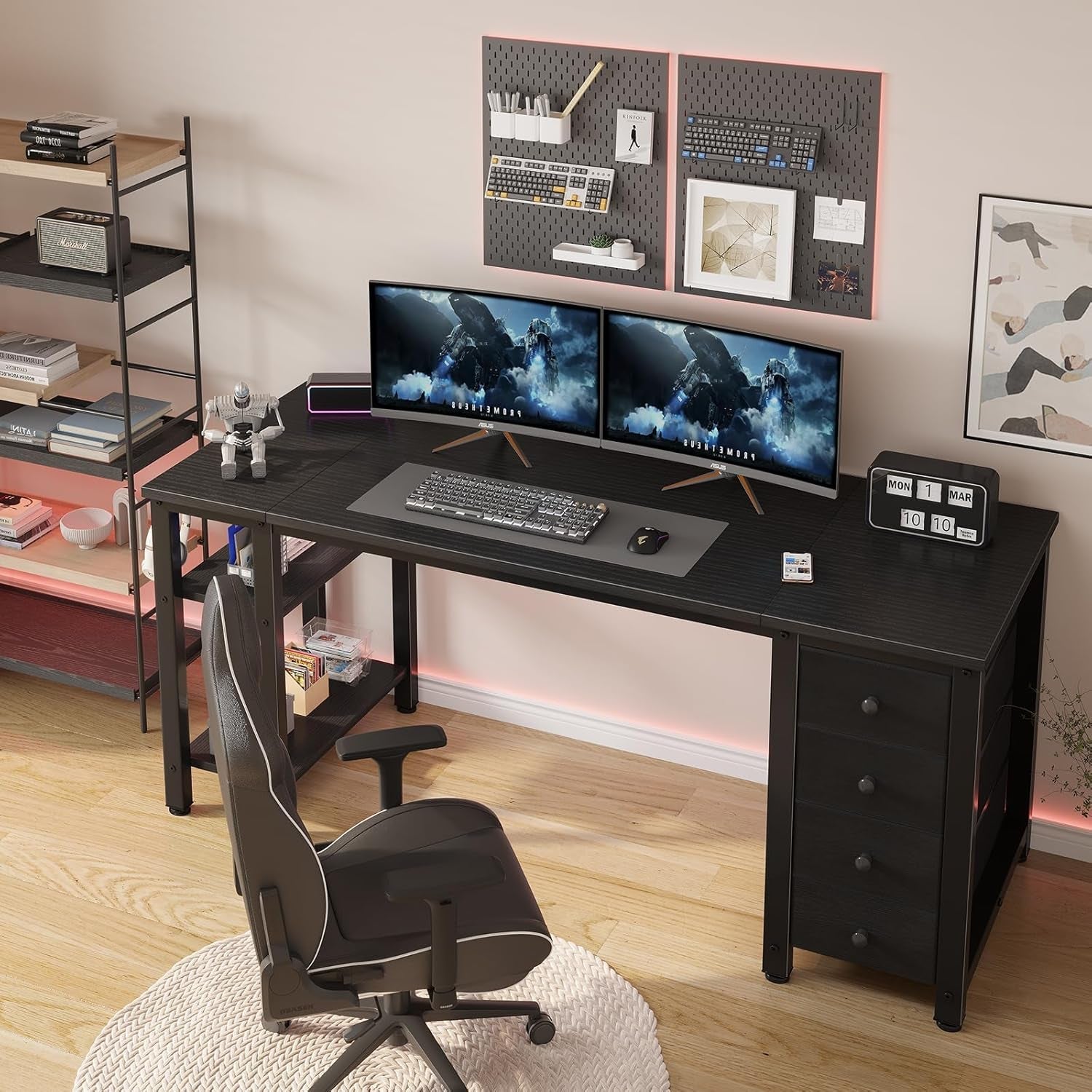 55 Inch Gaming Desk With Fabric Drawers And Shelves Black