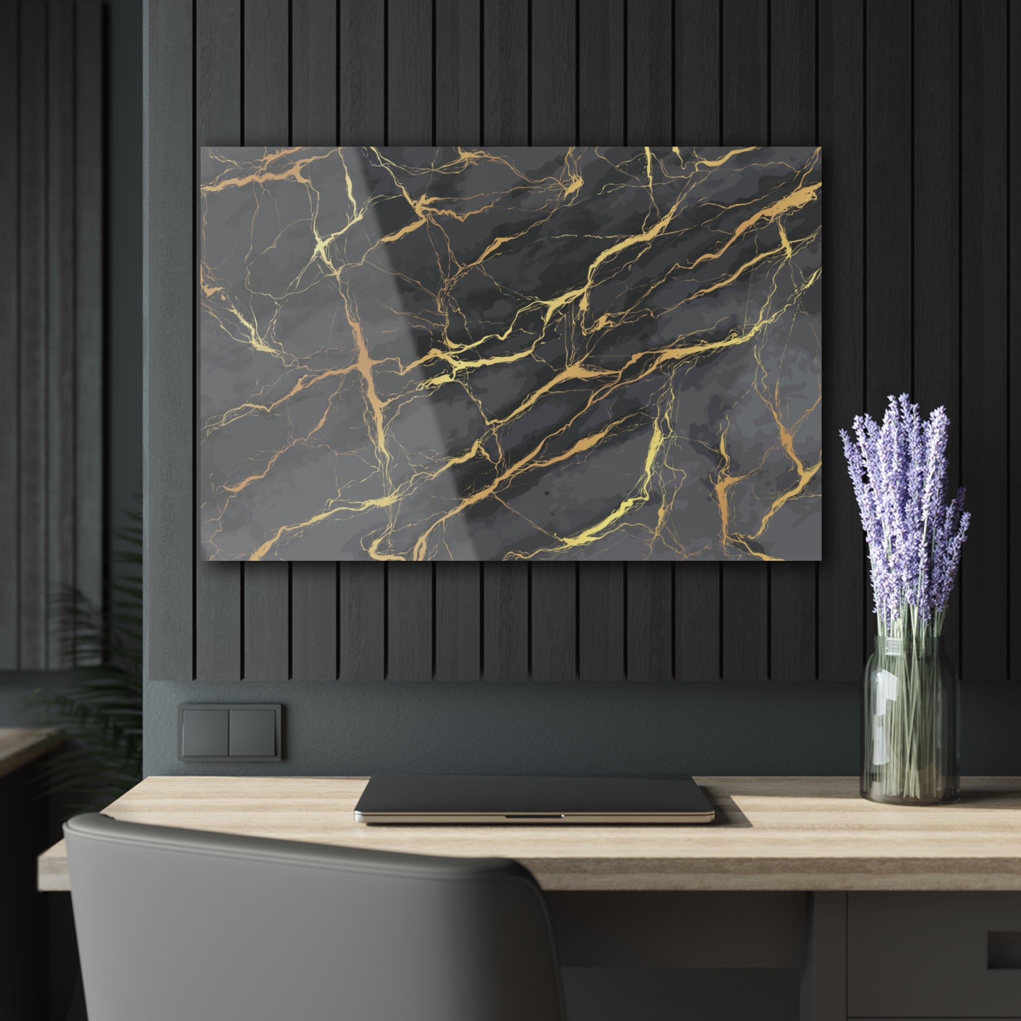 Gray marble with gold lines, tempered glass wall art