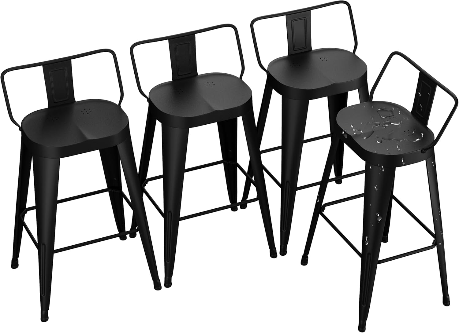 24 Inch Black Outdoor Metal Bar Stools Set of 4 Counter Height Large Ergonomic Seats