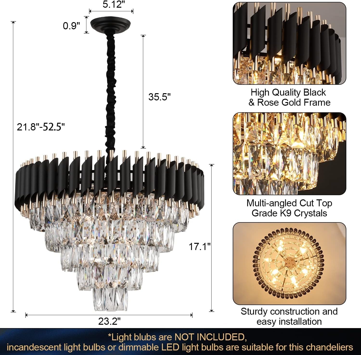 24 Inch Matte Black RoseGold CrystalChandelier Fixture-1