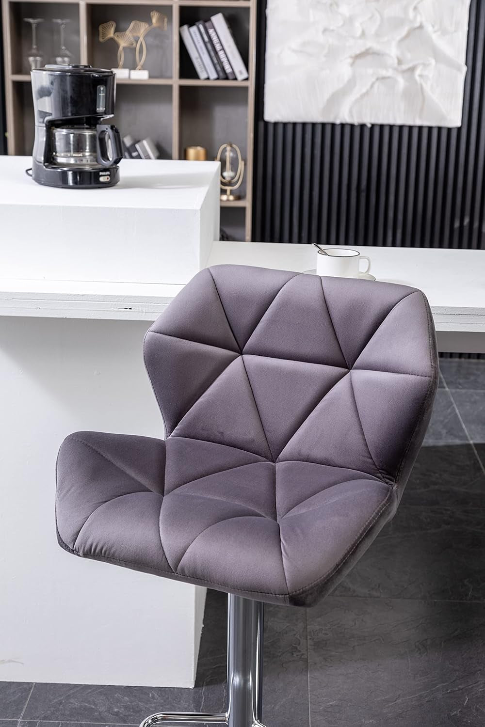 Breni Velvet Diamond Tufted Swivel Adjustable Height Bar Stool Set Of 2 Gray