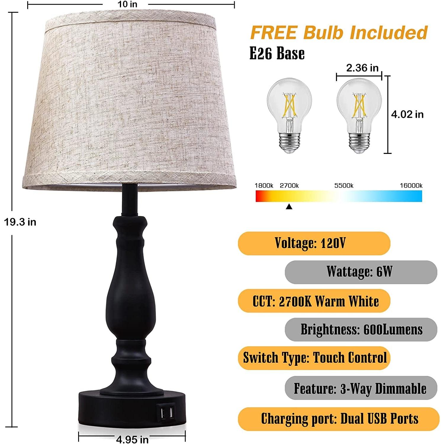 Table Lamps Set of 2 With USB Charging Ports Bedside Modern