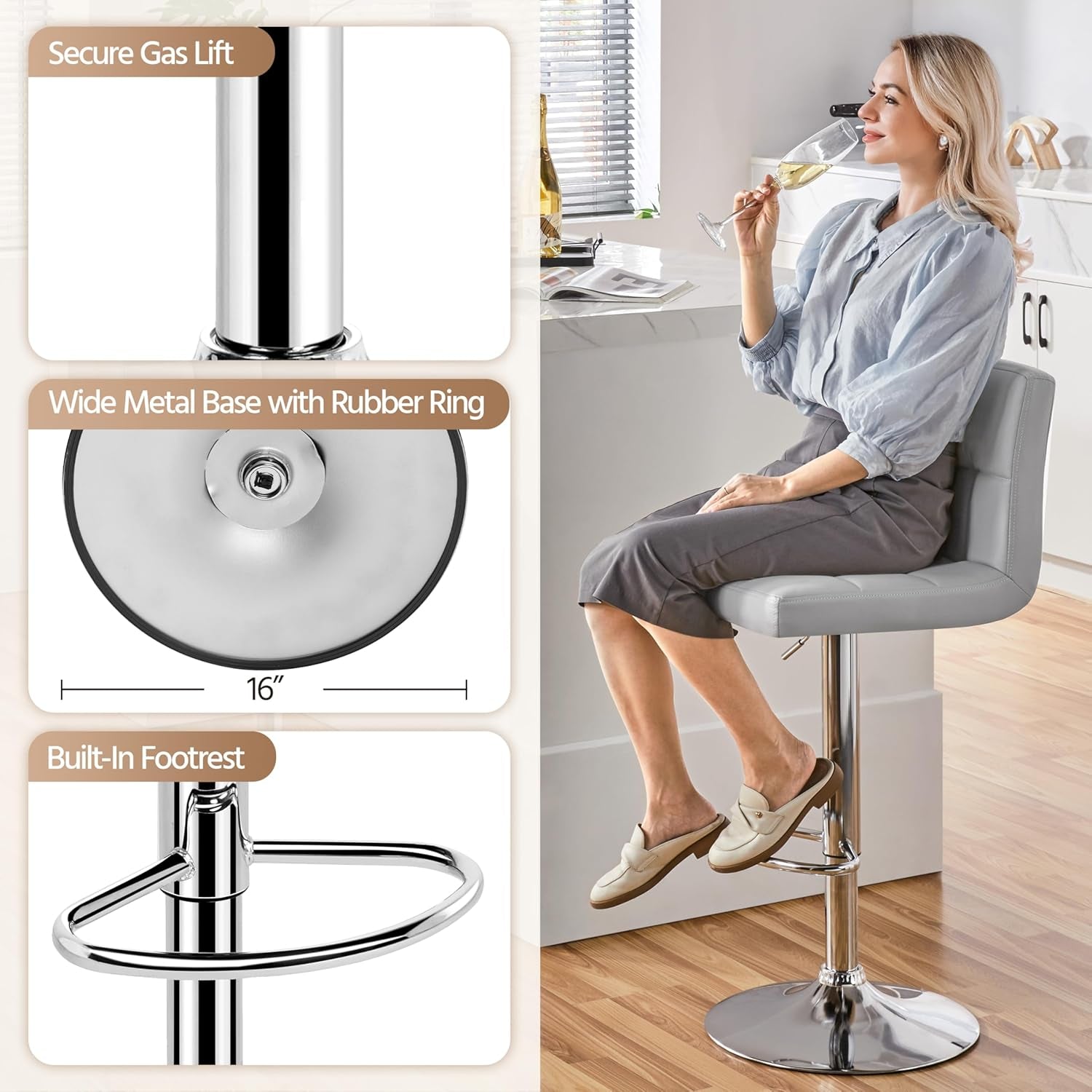 Bar Stools 2 Pack Adjustable Gray PU Leather Counter Height