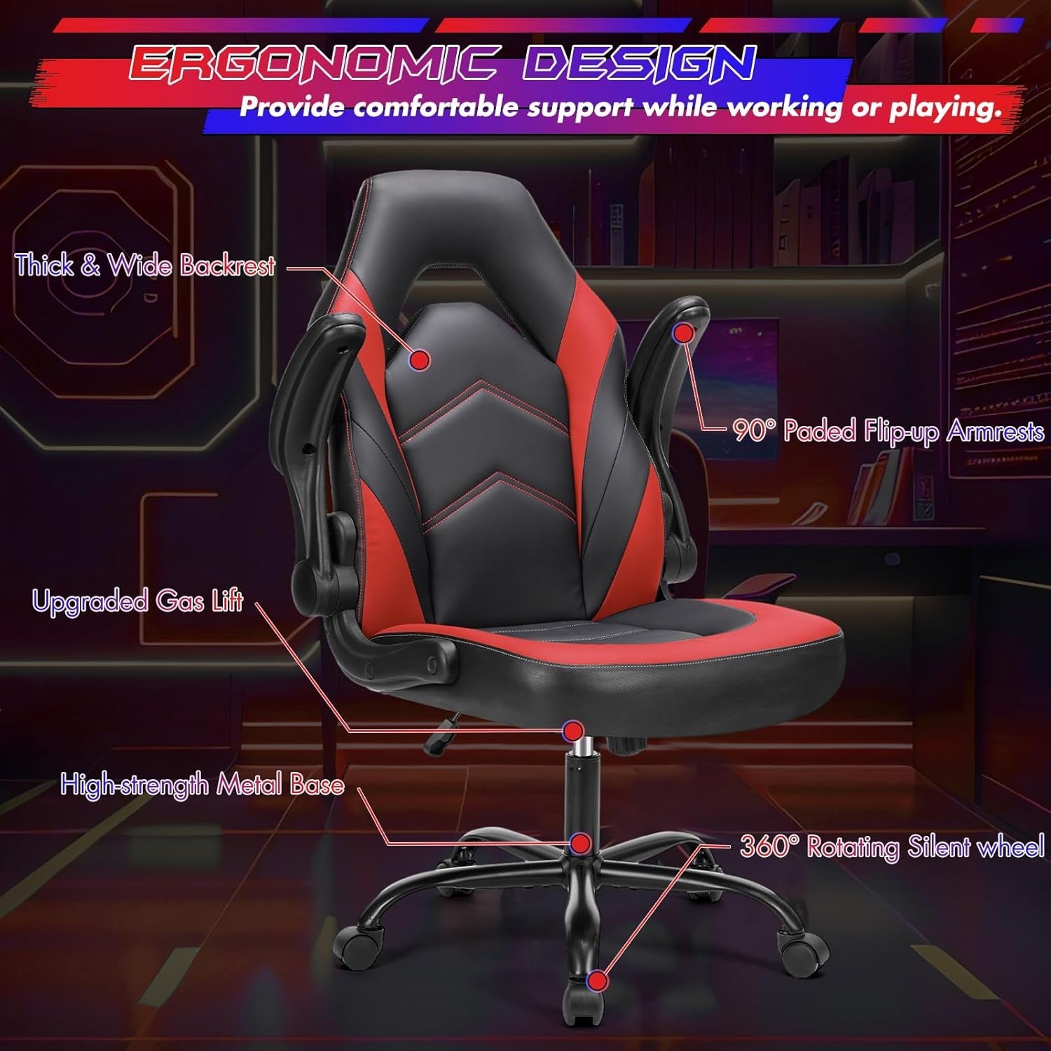 Black Red Leather Gaming Chair With Flip Up Armrests