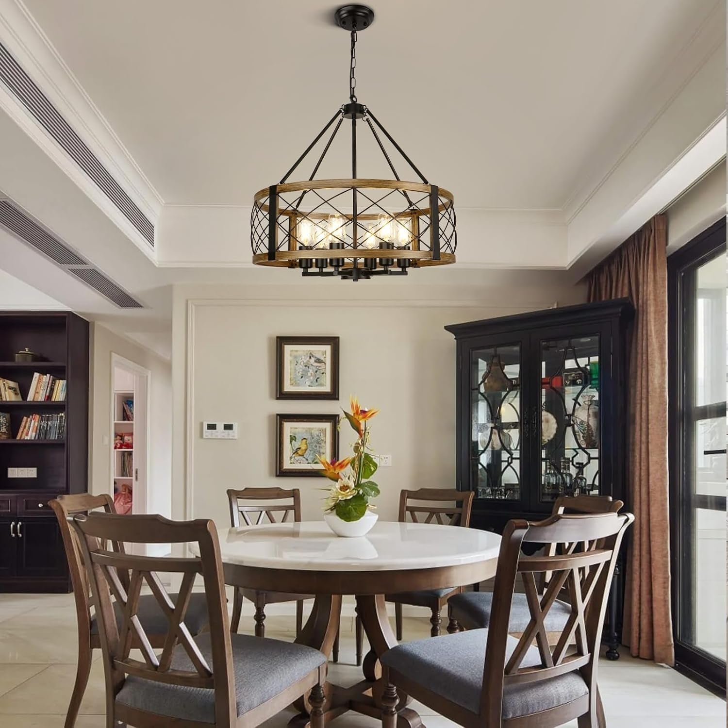 Six Light Walnut Wood Grain Finish Farmhouse Chandelier-2